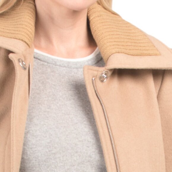 SAM EDELMAN Wool Blend Asymmetrical Trench Coat With Knit Collar Inset - Picture 4 of 4